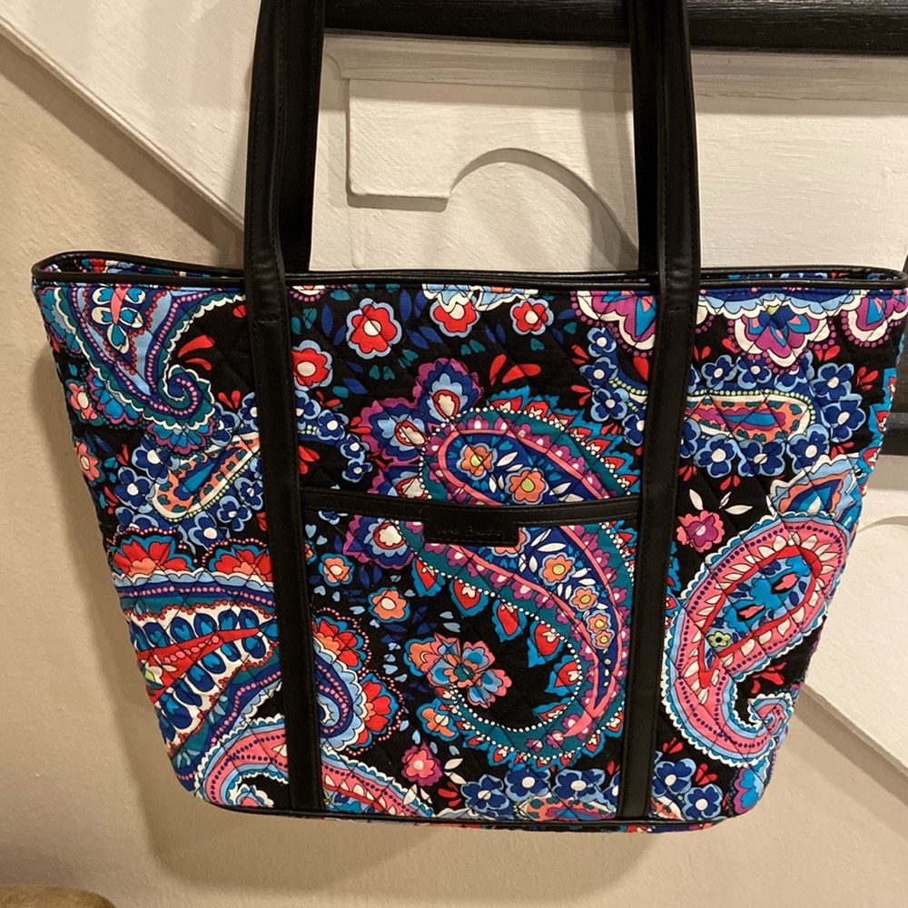 VERA BRADY FLORAL Parisian paisley TOTE WITH Blk LEATHER STRAPS 14in strap - Picture 6 of 12